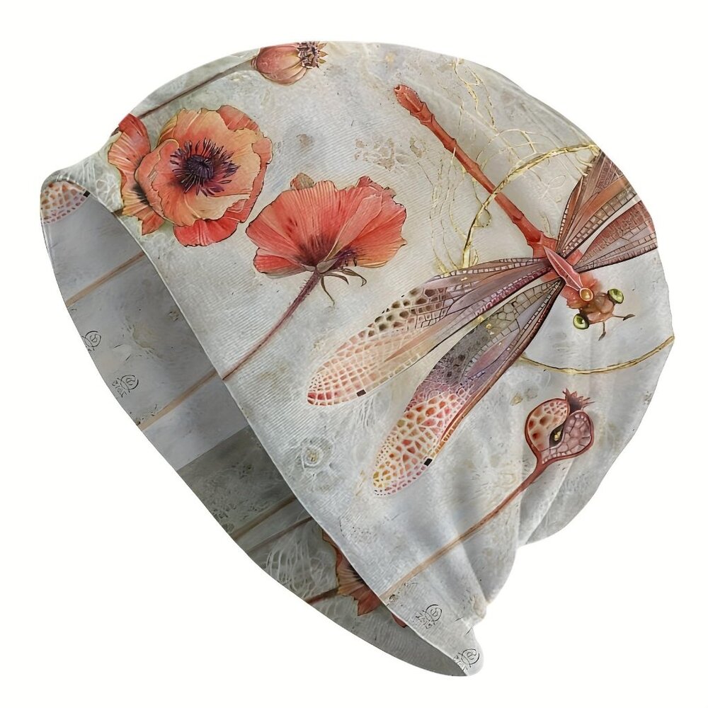 Boho Style Slouchy Beanie Dragonfly Print Knitted Hat for Women